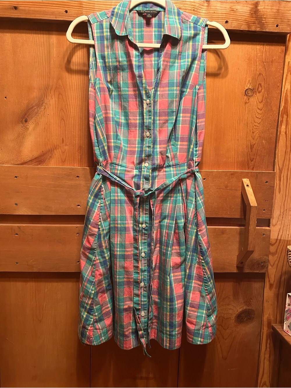 Brooks Brothers Sleeveless Plaid Button-Front Shirt Dress in Teal & Coral.